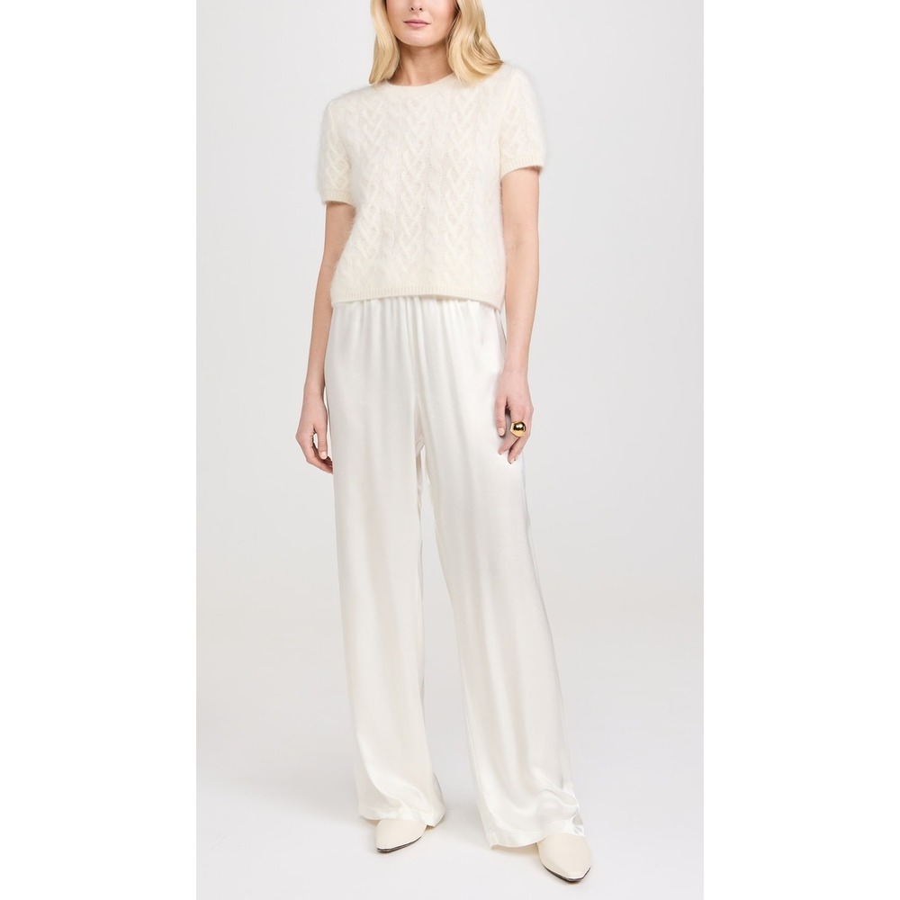 ENZA COSTA Satin Wide leg Pants Large Off White High Waist Pull On Elastic Waist